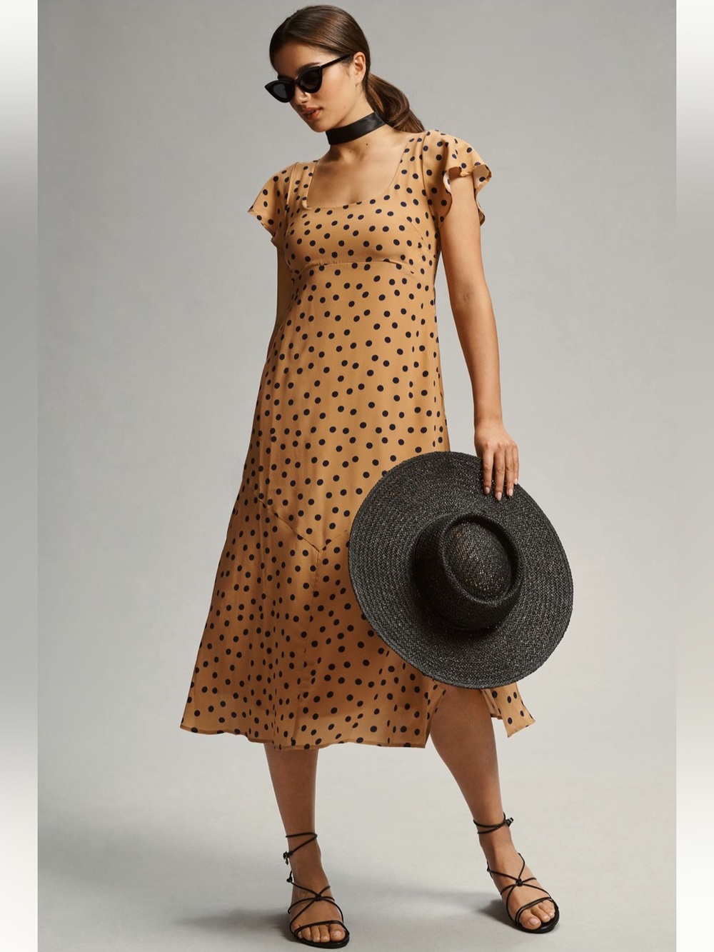 NWT Anthropologie Maeve Silk Camel Polka Dot Midi Dress with Black Dots Sz 10